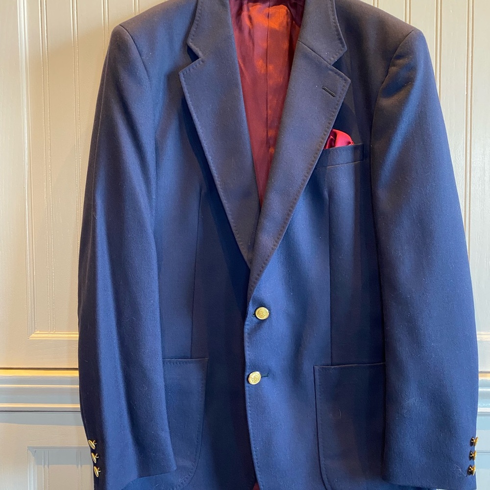 Navy Blue Solid Pure Virgin Wool 2 Button Men Blazer Jacket Coat Body Long 32